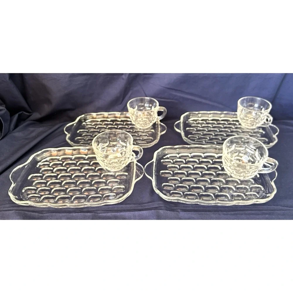1950s Federal Glass Yorktown Thumbprint Set of 4,  8 total item Snack Plate Cup